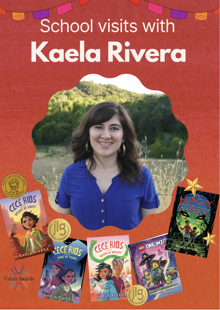 A bright image of author Kaela Rivera, with her four novel's covers below, papel banners above her, and titled 